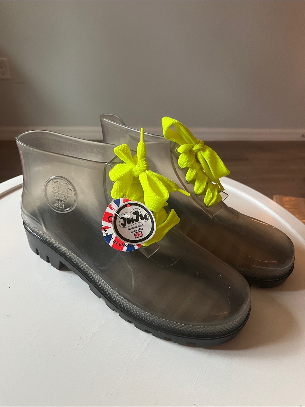JuJu Transparent Gray Jelly Boots with Neon Lace